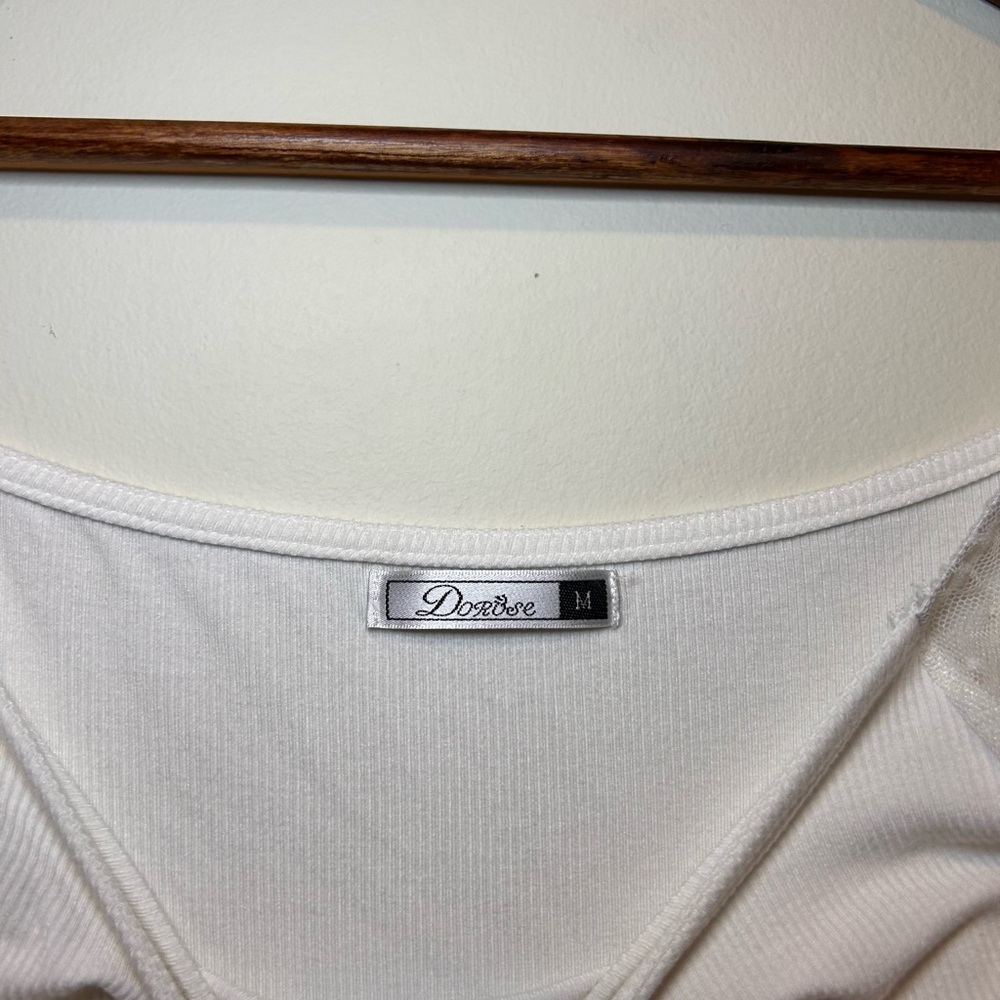 Women's Ribbed Square Neck Mesh Long Sleeve Top - Picture 3 of 4